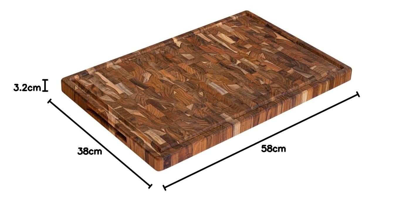 XXL Schneidebrett aus Brasilianischem Teak Hartholz | 58 x 38 x 3.2 cm | Mit Saftrillen, Tragegriffen und Anti-Rutsch Füßen | FSC Zertifiziert | 100% Nachhaltig