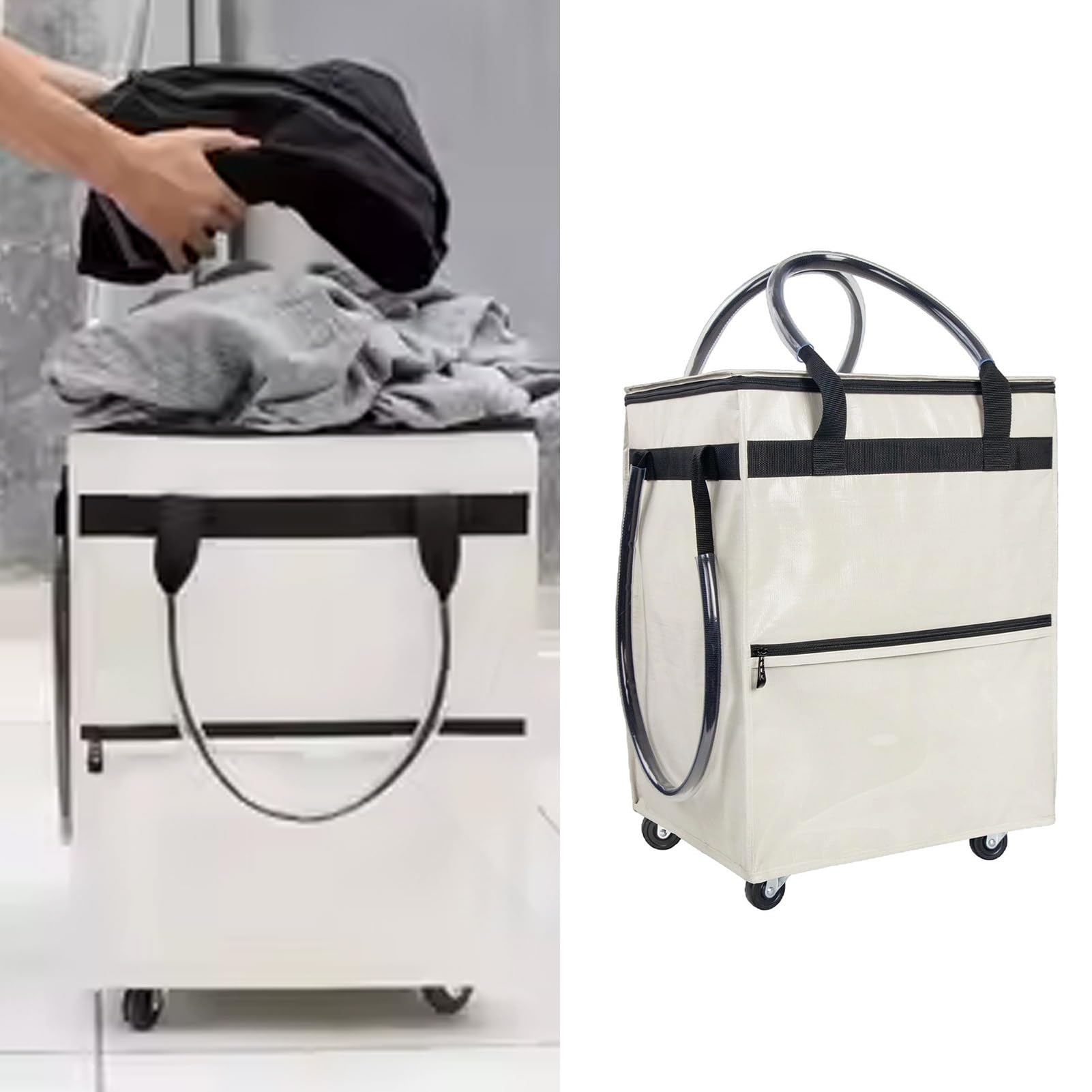 Asixxsix Torba na Zakupy z Kółkami, Wodoodporna Poliestrowa Torba na Kółkach o Dużej Pojemności, Wózek Zakupy z Wielofunkcyjnym Uchwytem do Przenoszenia Travel Camping Gym (WHITE)