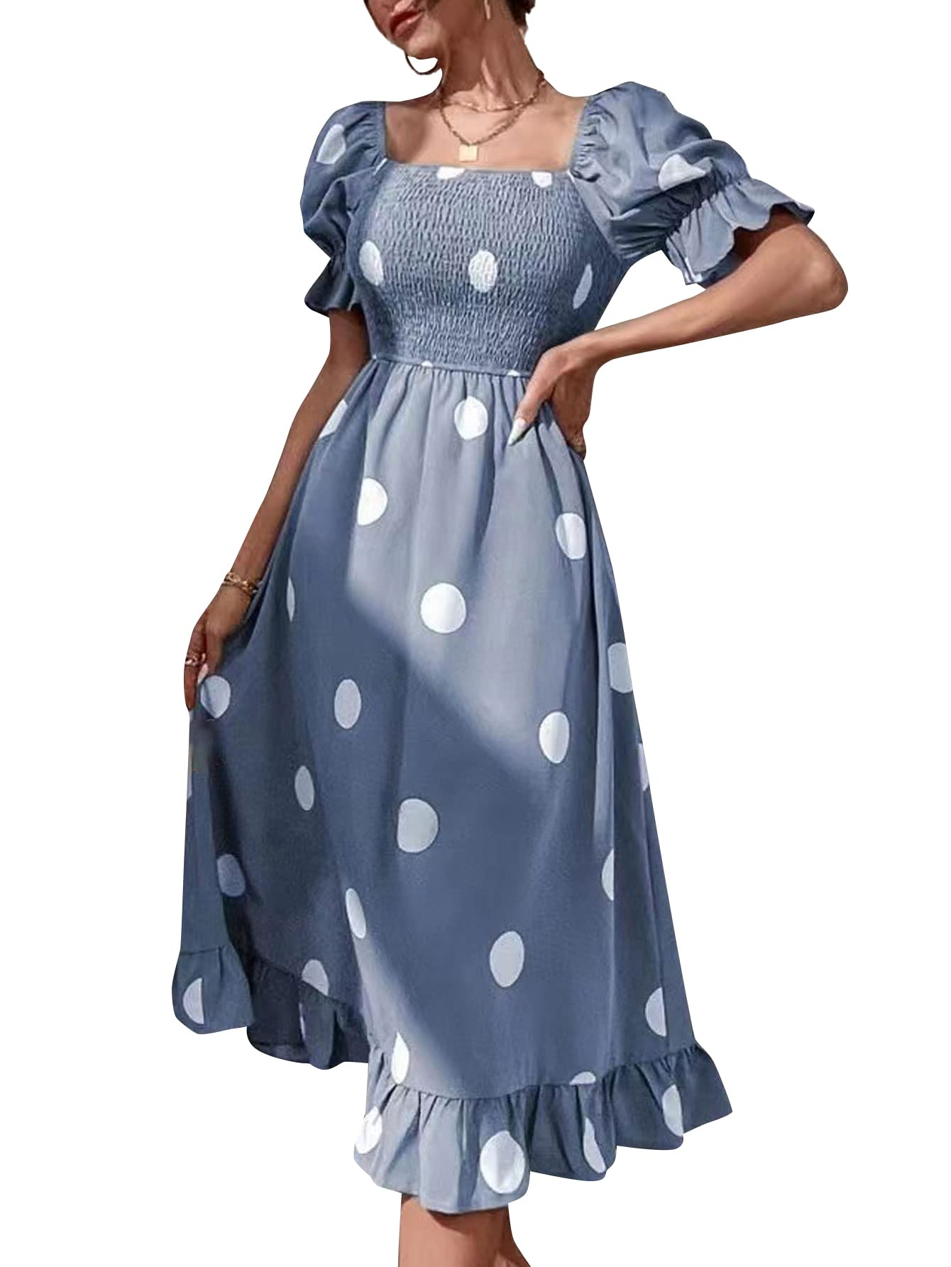 Photo 1 of Women's Smocked Polka Dots Square Neck Ruffle Short Sleeve Beach Flowy Midi Dress X-Large Black