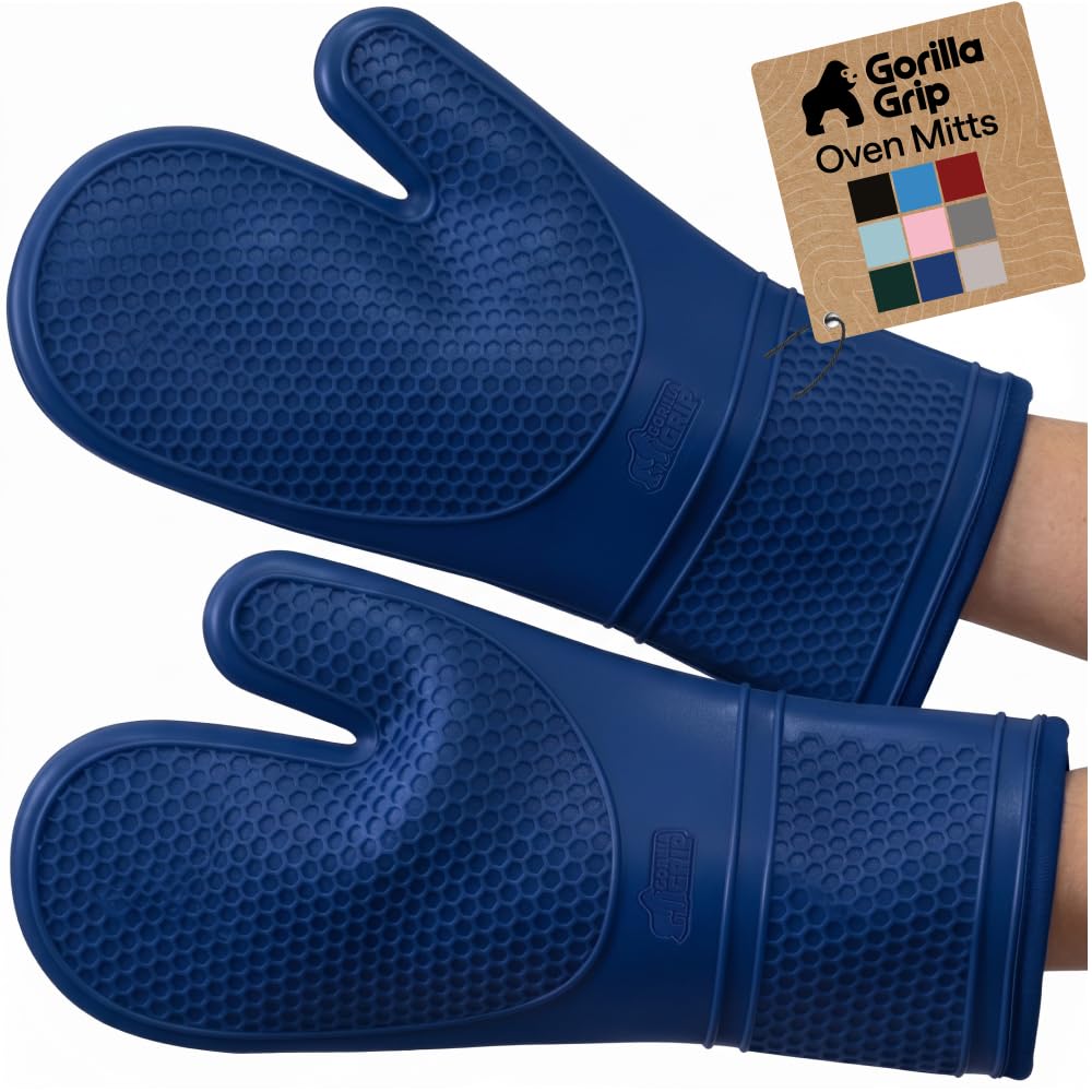 GORILLA GRIP Silicone Oven Mitts, 550F Heat Resistant, 12.5x8.3, Blue
