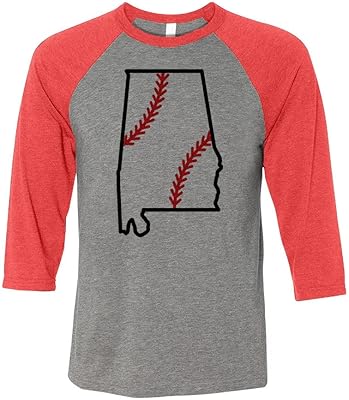TeesAndTankYou State Shape Baseball Alabama Three-Quarter Raglan Sleeve Baseball Shirt Unisex X-Small Grey/Red