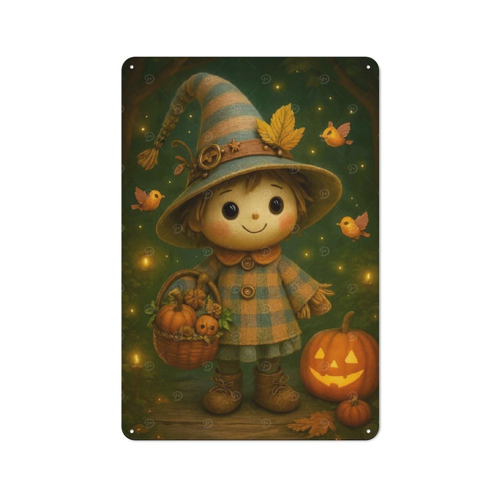 Junmoney Autumn Witch Doll Pumpkins Rustic Tin Sign 30X20cm For Living Room Or Hallway, Suited To Living Room Decor Lovers