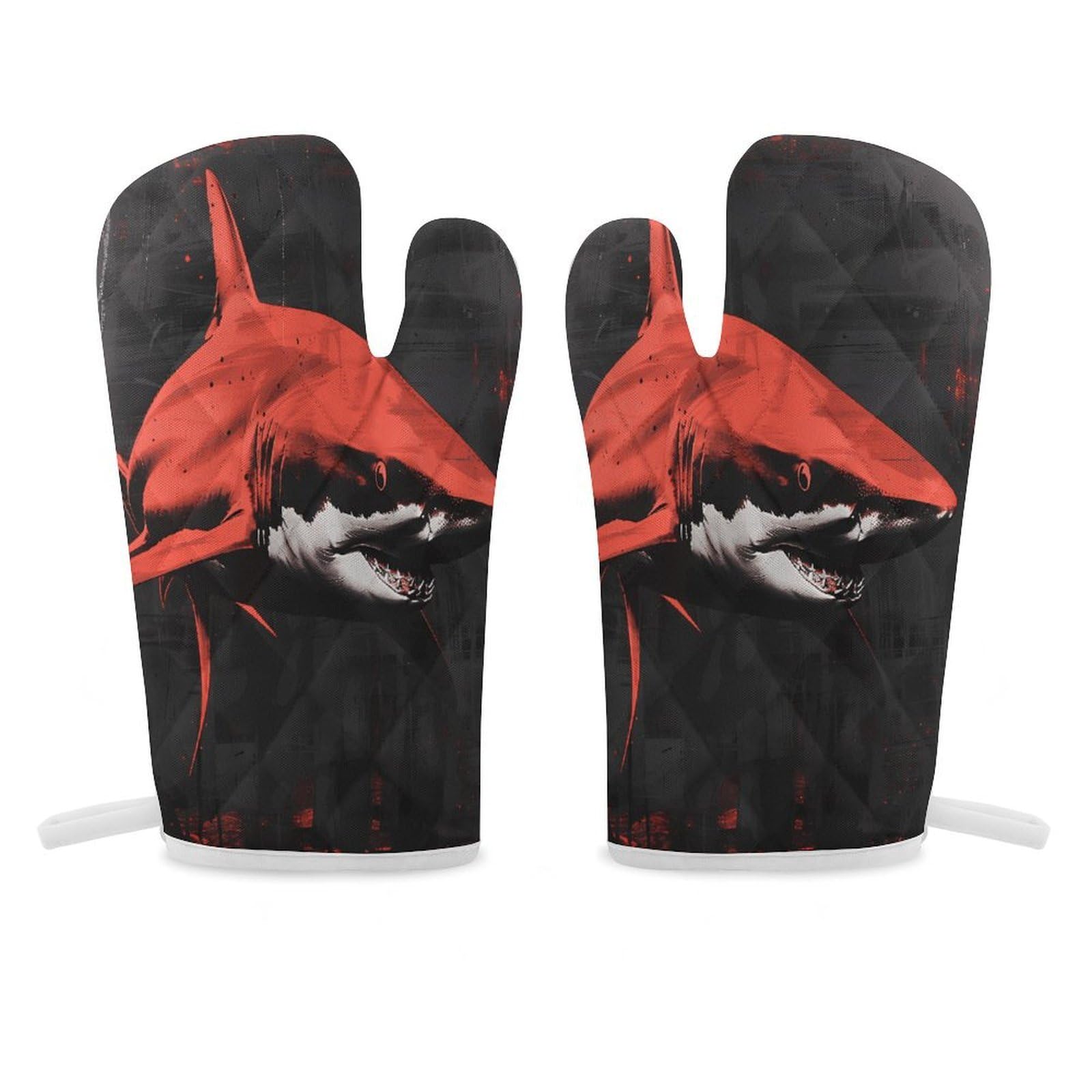 Red-Black Shark Oven Mitt Heat Resistant Potholder Set,Durable Oven Gloves for Gifts,Glove Pot Holder for Cooking Baking Grilling BBQ