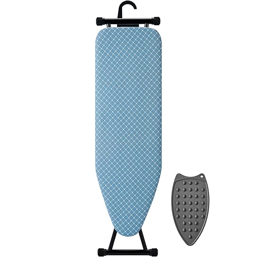 BKTD Compact Ironing Board 13 x 43, Iron Board with Heat Resistant Surface, Adjustable Height, Space Saving Table with Hook & Iron Rest for Home & Laundry Room, Diagonal Checkered Blue