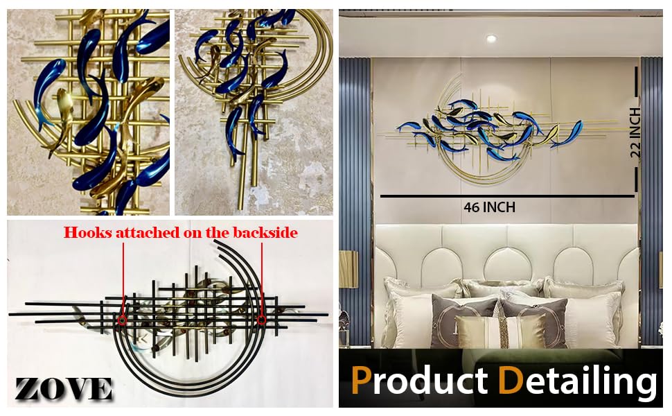 Image of ZOVE Stainless Steel And Iron Modern Luxury Steel 3D Modern Fish Creative Design Wall Art | Home Decoration /Living Room /Hotel /Restaurant /Office /Farm House | Color: Multicolor | Size: (46 X 22 INCH)