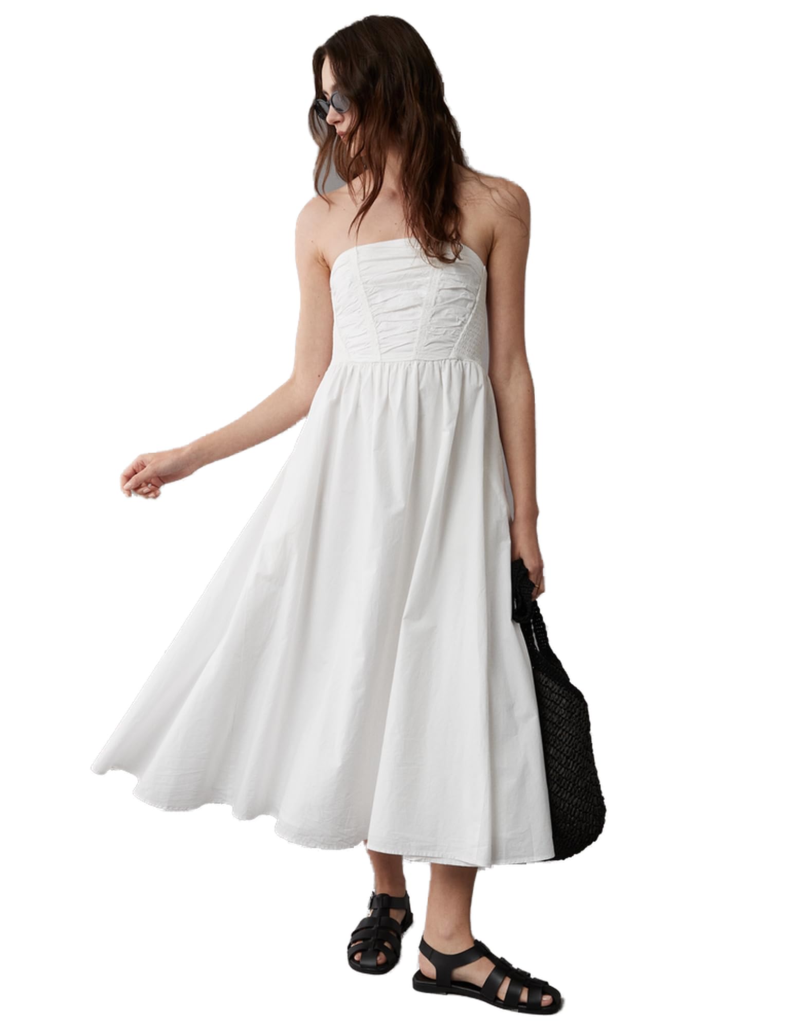 American Eagle Women Strapless Ruched Poplin Midi Dress S White