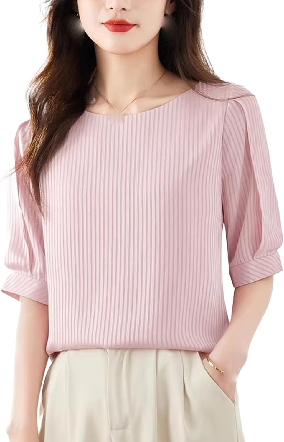 Women's Korean Shirt Simple O-Neck Short Sleeve Loose Elegant Blouse Vintage Top