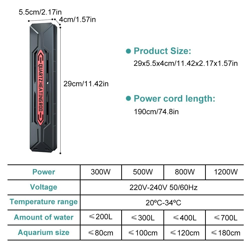 Calentador de acuario, 800W Smart Nano Digital Display Cuarzo Calentador Rod Fish Tank con cubierta de protección de temperatura constante para menos de 400L de agua salada y agua dulce