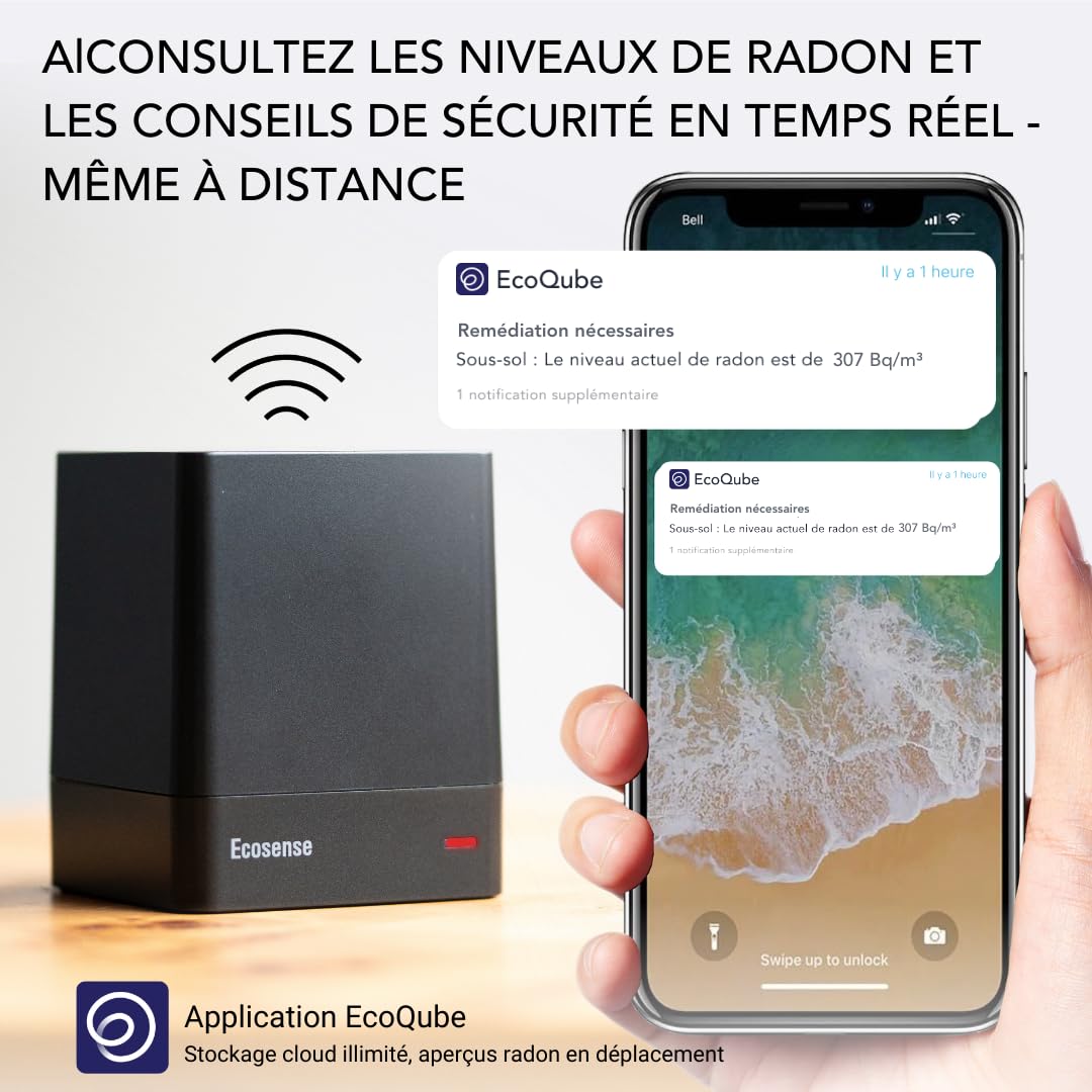 Ecosense EQ100 EcoQube, Détecteur de Radon Numérique, Capture Rapide des Variations, Surveillance Continue avec Graphiques de Tendance, Accès à Distance aux Données, Wi-FI 2,4 GHz Réseaux Uniquement