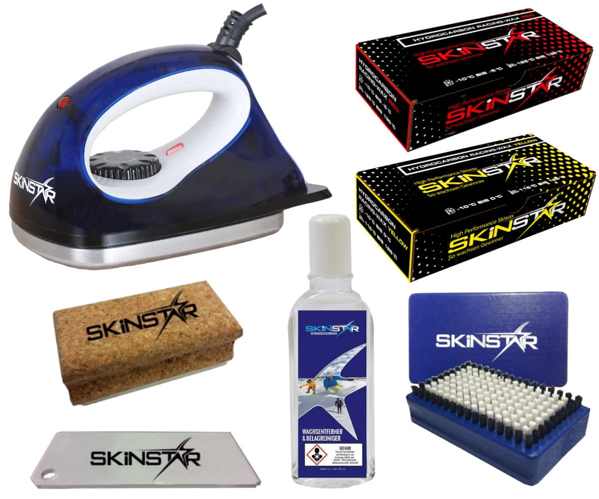SkinStar Zestaw startowy do nart woskowych, żelazko do wosku, szczotka do wosku, wosk hydrokarbonowy, 7