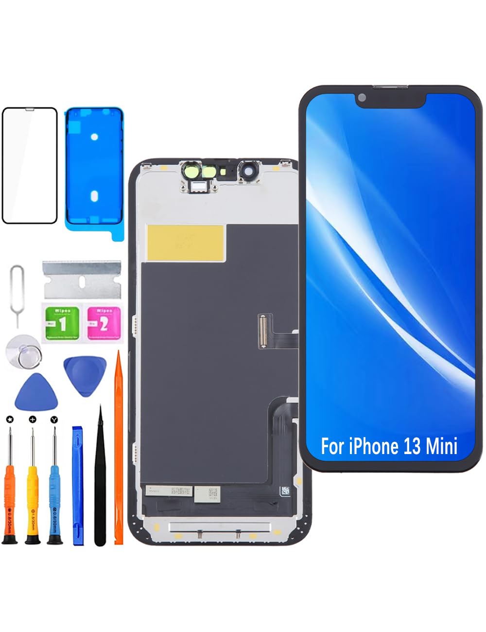 HLYGZX Display for iPhone 13 Mini LCD Screen Replacement FHD Touchscreen 3D Touch Face ID Digitizer Frame Assembly, Waterproof Adhesive, Repair Kits