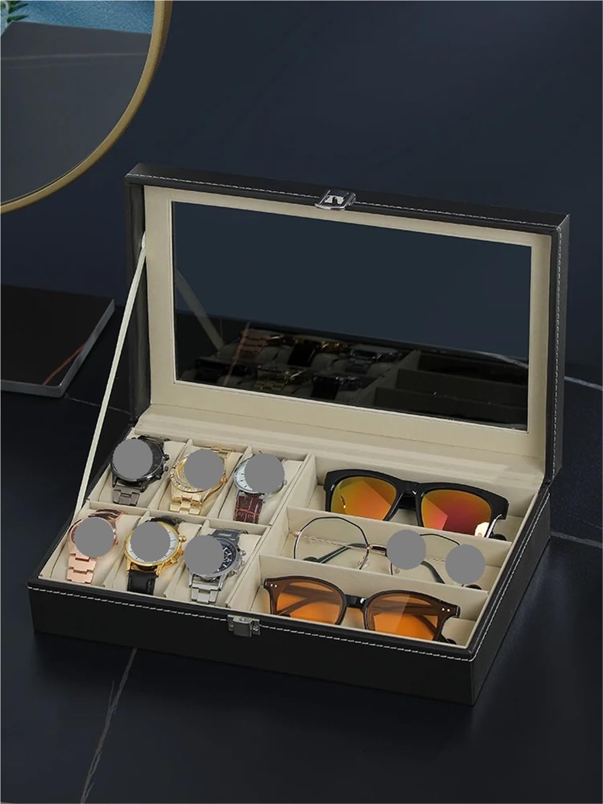 Organizador Para Gafas De Sol Estuche de gafas de cuero PU, gafas de sol de gran capacidad for hombres, gafas de sol for mujeres, estuche for gafas for miopía, caja for presentación de joyas(3 Slot Be