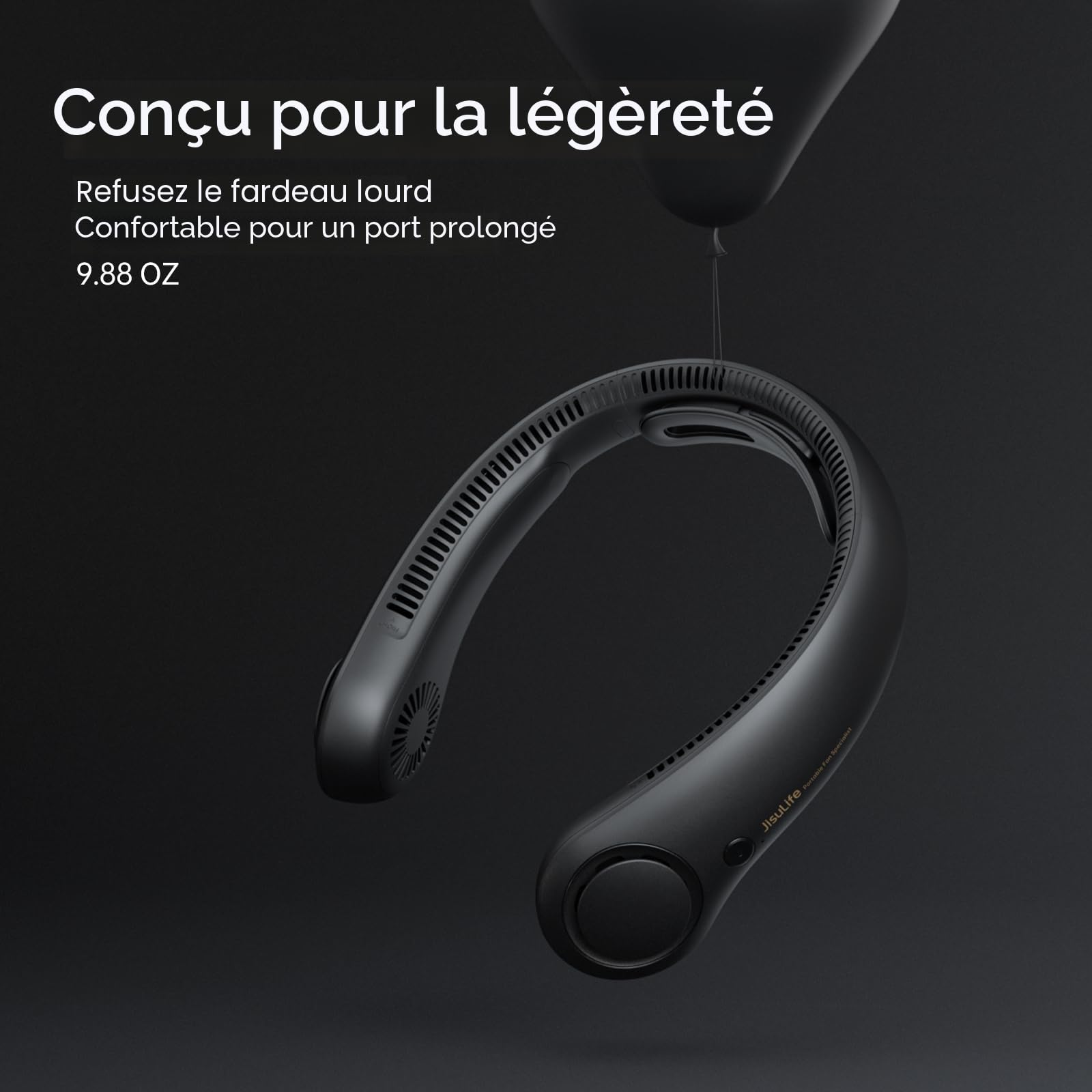 JISULIFE Ventilateur de cou portable amélioré, tour de cou personnel mains libres, réglage à 5 vitesses, 5000 mAh, portable, silencieux, rechargeable, cadeaux pour femmes et hommes- Noir