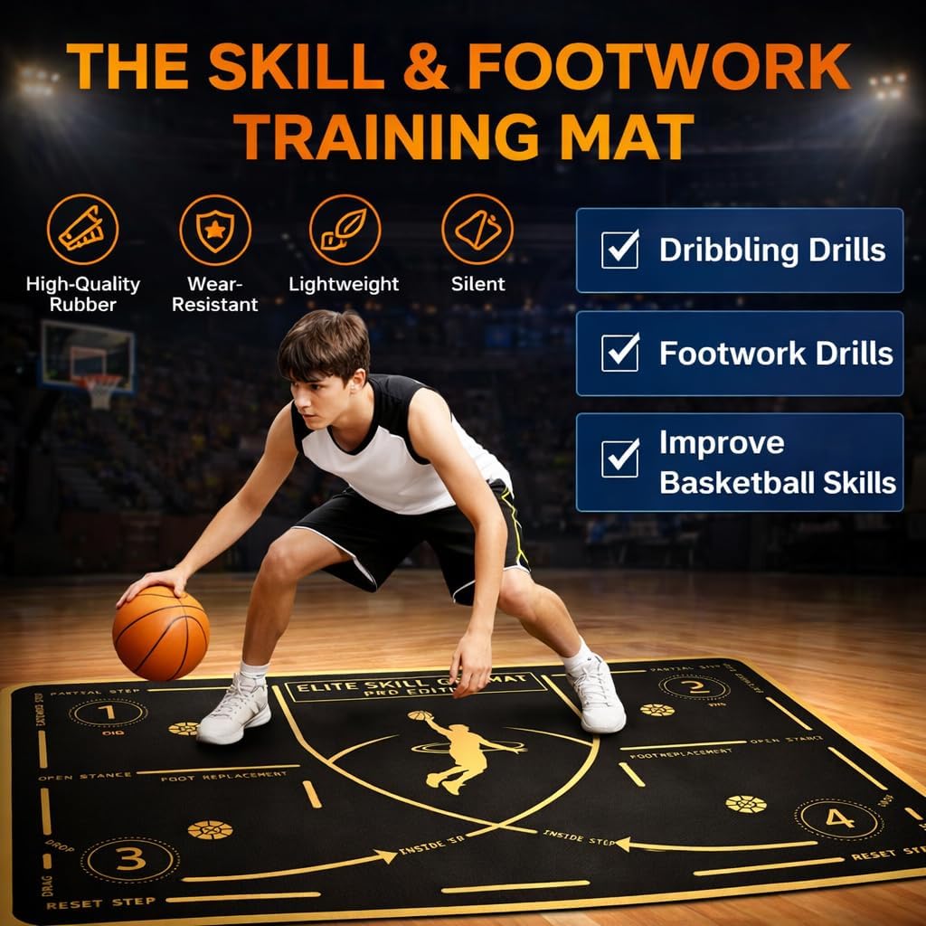 Portable Basketball Footwork Training Mat, Non-Slip Silent Basketball Pads for Training, 47.2 x 33.8 in Dribble Mat for Kids, Teens & Adults, Roll-Up Basketball Training Equipment for Indoor Gym, Garage, Outdoor Court