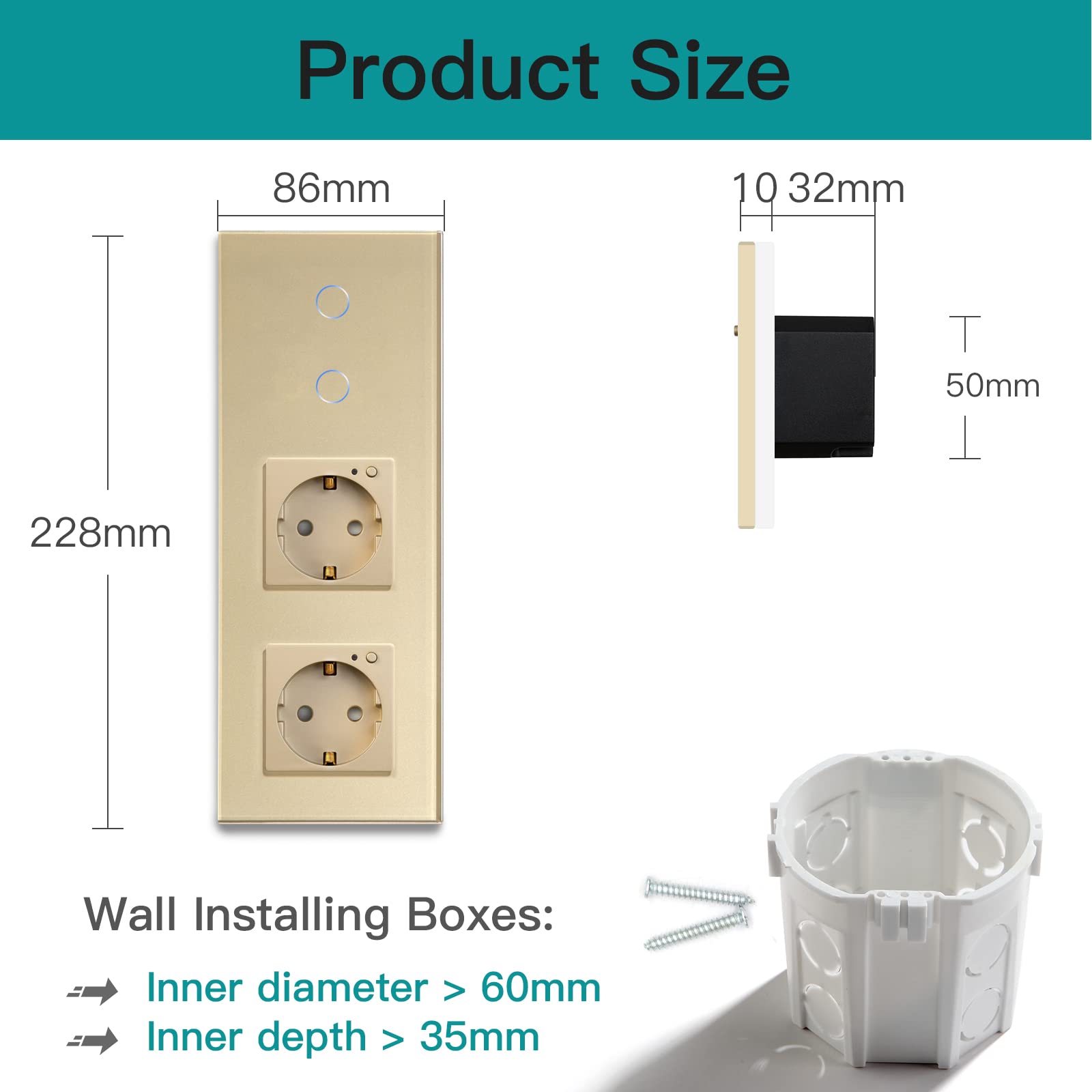 BSEED Interruttore della luce Smart Touch Alexa, con doppia presa WiFi, 2 vie, 1 via, funzionamento con Tuya Alexa/Google Home Gold