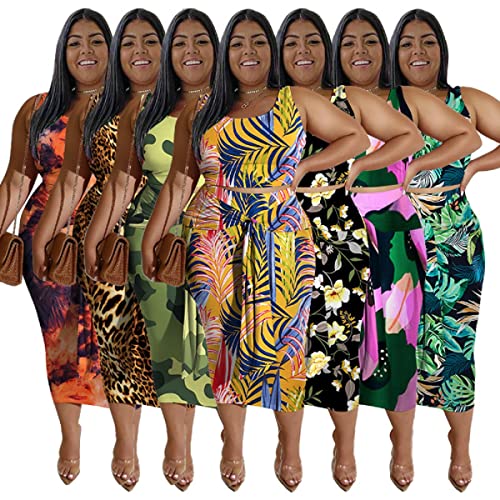 Image of Plus Size Women 2 Piece Outfits Sets Sexy Tracksuit Midi Dress,Sleeveless Tank Top Bodycon Skirts Set Casual Summer