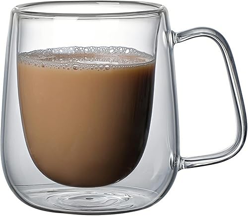 KNC Taza de café de vidrio borosilicato con asa, taza de café con leche aislada de doble pared de 8 onzas, tazas de café expresso gruesas para