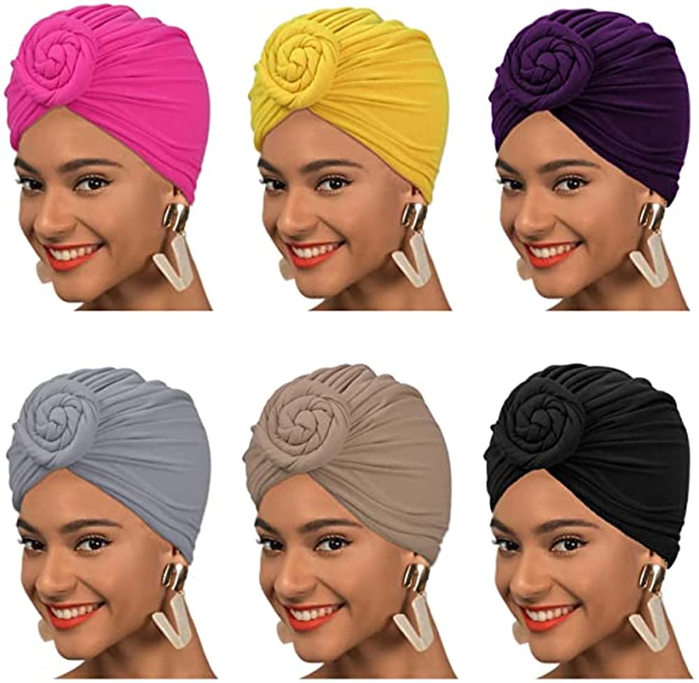 ELECDONHead Wraps, 6 Pcs Pre Tied Knot Scarf Shawl for Women Soft Headwrap Pleated Turban African Headwrap Hair Accessories