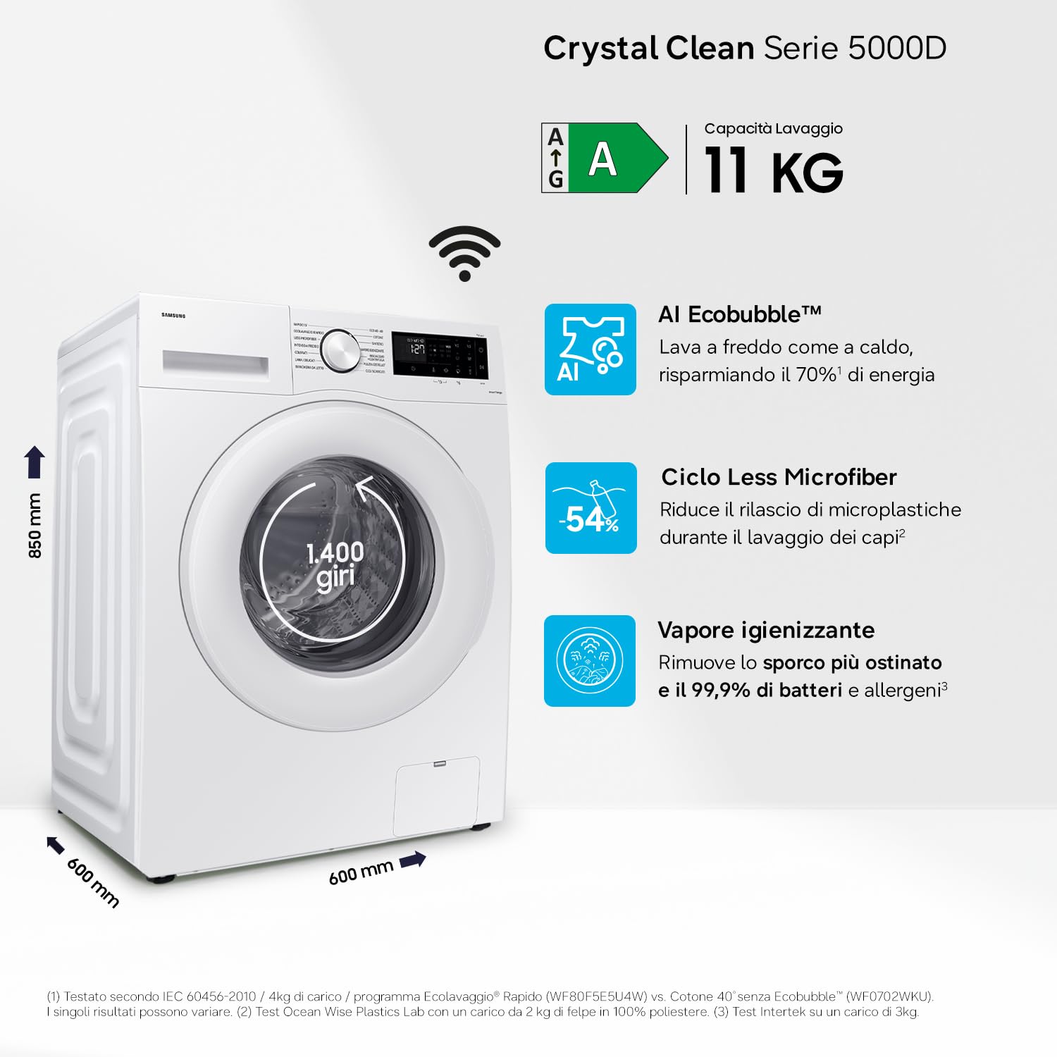Samsung Lavatrice Crystal Clean Wifi WW11DG5B25TE/ET Libera installazione, 11 Kg, 1400 RPM, Ecobubble, Vapore, Carica Frontale, 60l x 85h x 55p cm