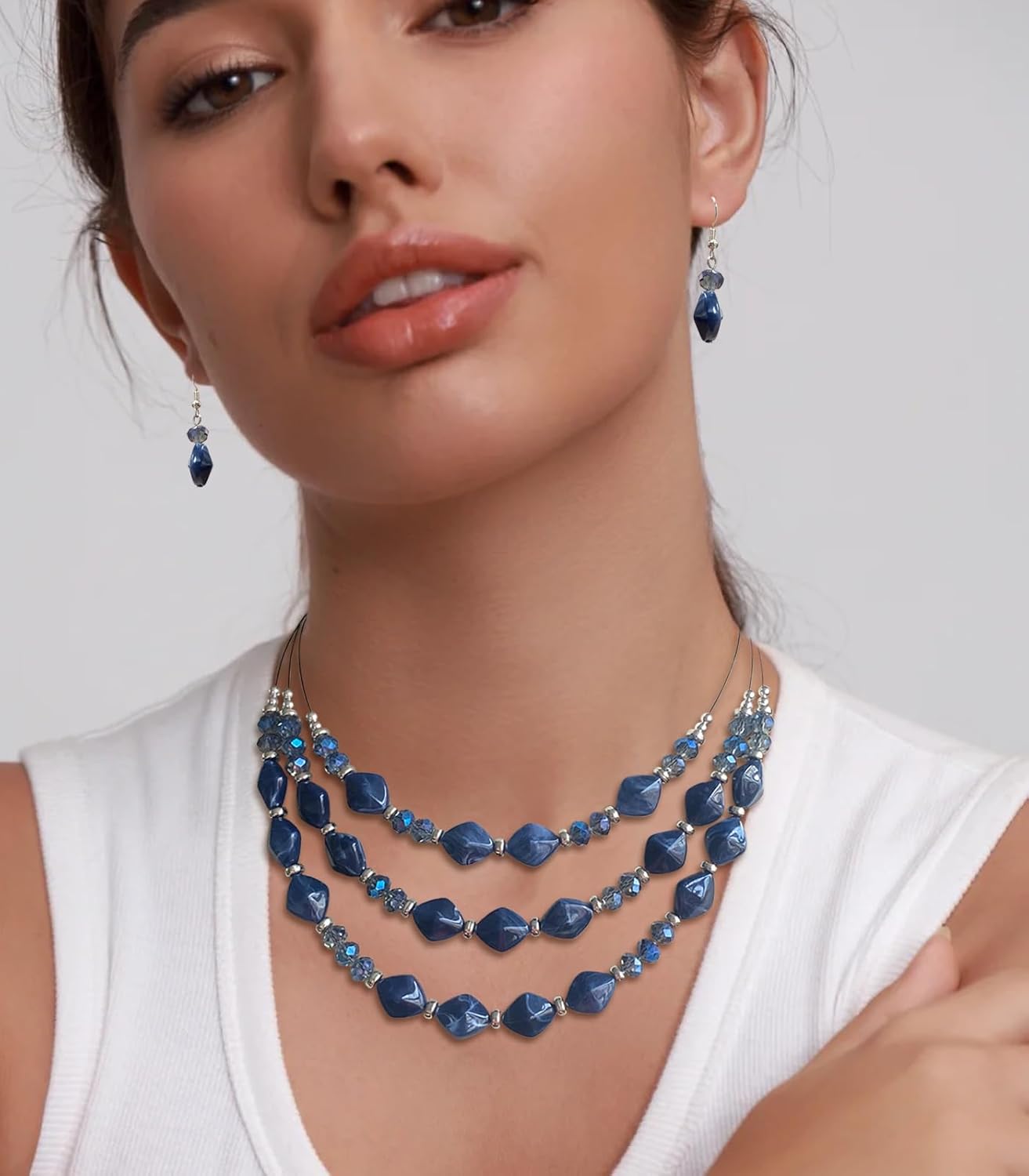 3 Layered Chunky Statement Necklace for Women Beaded Strand Necklaces with Earring Fashion Costumes Collar Necklace Jewelry Sets Gifts for Women - Image 3