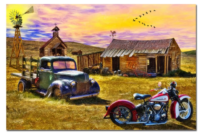 harley PANHEAD MOTORCYCLE ROUTE 66 COUNTRY FARM BIKER ART