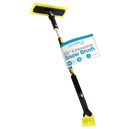 BIRDROCK HOME 55" Extendable Snow Brush & Ice Scraper for Car Windshield - Long Aluminum Grip for Truck, SUV - 14" Foam Head - Safe on Auto & Windows - Wide Frost Remover - Yellow