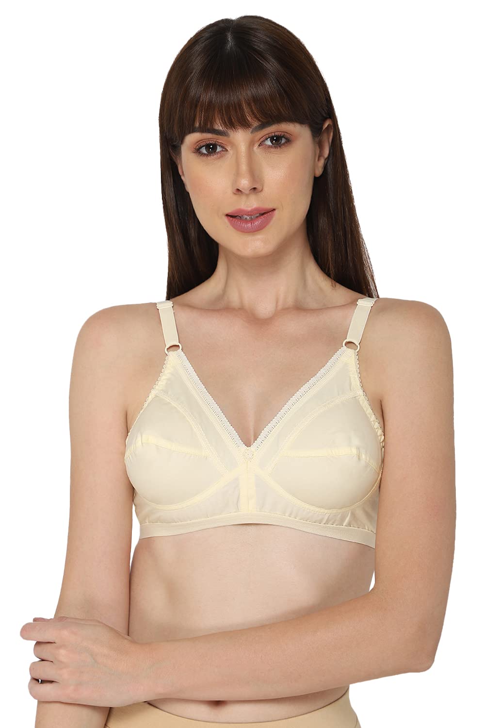Naidu HallWomen's Cotton Brassiere | Non-Padded | Non-Wired | Full Coverage | Laced Neckline Regular Bra | 1 Piece | (Naturalle_P)