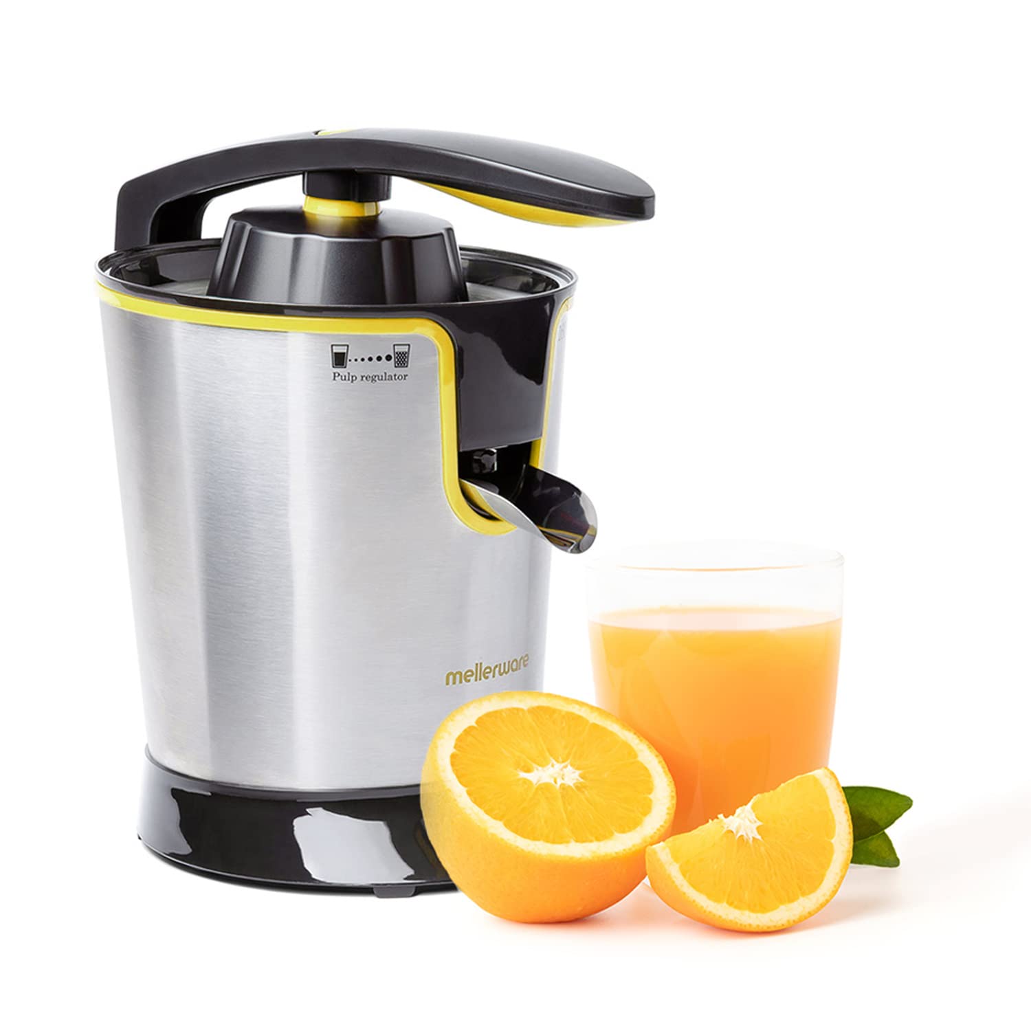 Mellerware - Exprimidor Eléctrico Profesional Juicy! 300W | Vertido Continuo | Sistema Antigoteo | 2 Filtros | 2 Conos intercambiables | Motor AC | Apto Lavavajillas | Zumos de naranjas | Amarillo
