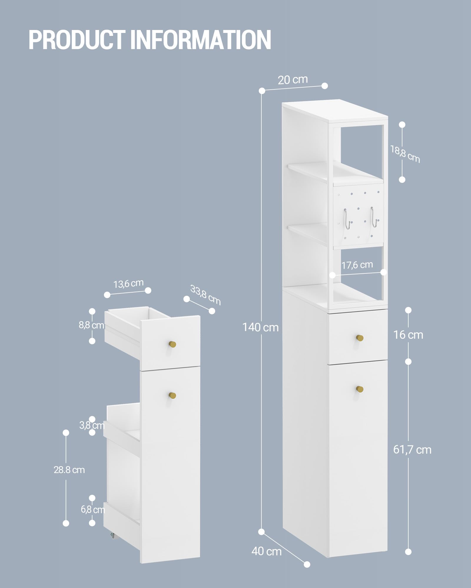 Hzuaneri Meuble de Salle de Bain Haut, Armoire de Rangement Fin, avec 2 Compartiments Ouverts, 2 Tiroirs et roulettes, Meuble de Cuisine, pour Petits Espaces, 40 x 20 x 140 cm Blanc BC32003W