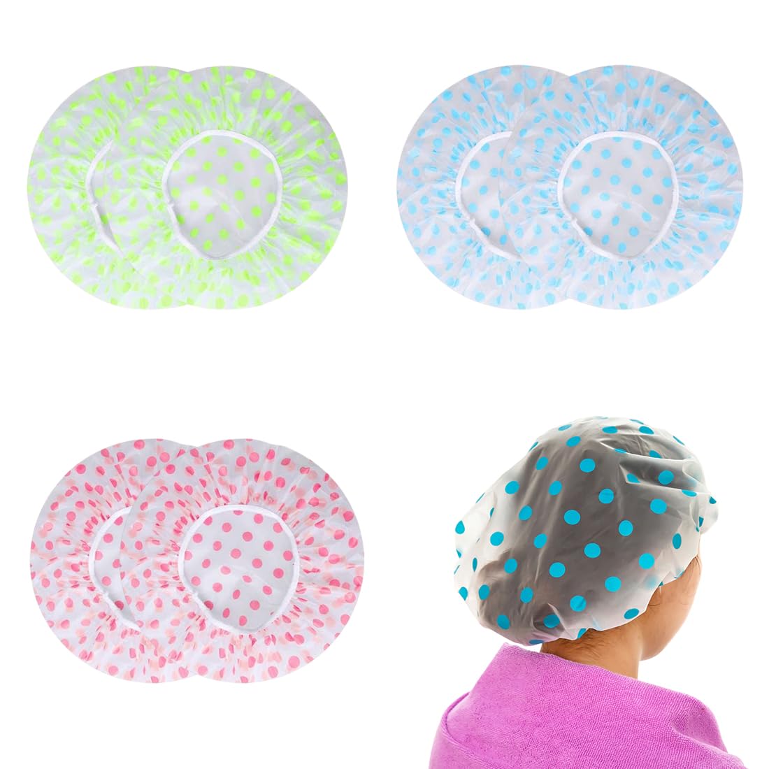 Tadipri 6 Piezas Gorro Ducha Mujer Gorro De Ducha Impermeable Lavables Banda Gorros De Pelo, Gorros De Ducha Impermeable Para Salón Spa Viajes Grande Gorros De Ducha(Azul/Verde/Rosa)