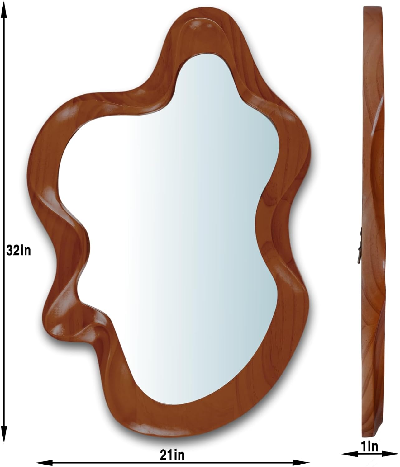 32x 21 Irregular Wall Mirror, Walnut Wooden Framed Asymmetrical Wall Mirror for Living Room Bedroom Entryway Bathroom Modern Decorative Hanging Hooks