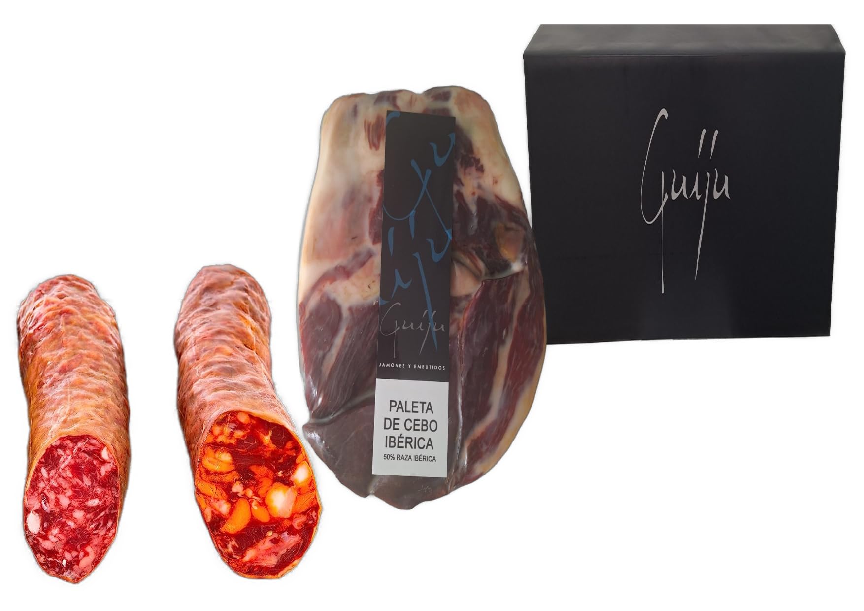 LOTE CHORIZO Y SALCHICHÓN IBÉRICOS DE BELLOTA Y JAMÓN(PALETA) IBÉRICO DE CEBO 50% RAZA IBÉRICA DESHUESADO 2-2,5 KG. MARCA GUIJU. FABRICA DE SALAMANCA.