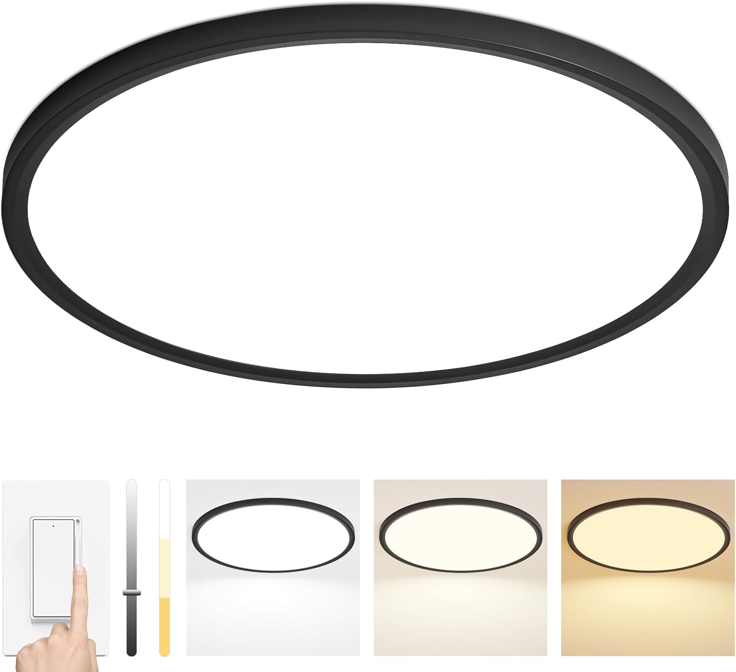 24 Inch Dimmable LED Ceiling Light Fixture, Ultra Thin Flush Mount, 48W 4800Lumen, 3 Color Changeable, Round, Black, for Dining Room, Living Room, Bedroom, Office, Hotel Black 24 inch