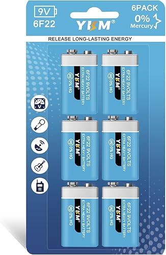 YKM 9V Batteries 6F22 9 Volt Battery for Smoke Detector Guitar Garage Keypad Smoke Alarm Walkie Talkie Transistor Radio 7 Year Shelf Life 6 Pack