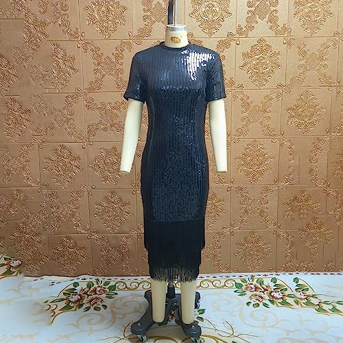 Image of Cololura Sexy Elegant Women Sequin Long Sleeve Tassel Bodycon Midi Dress Party Evening Gown Formal Dress
