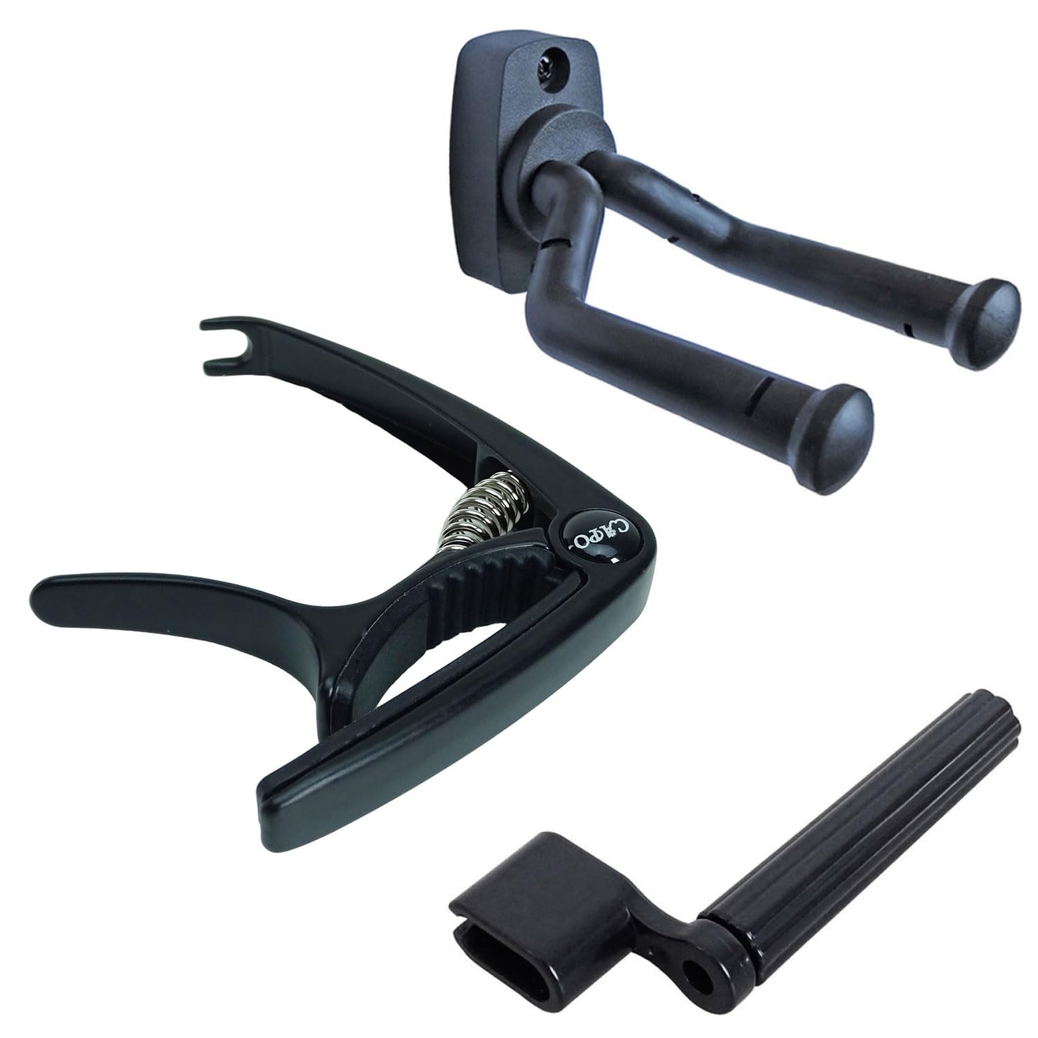 Keepdrum Gitarren-Zubehör-Set Universal-Kapodaster, Wandhalter, Saitenkurbel – Schwarz