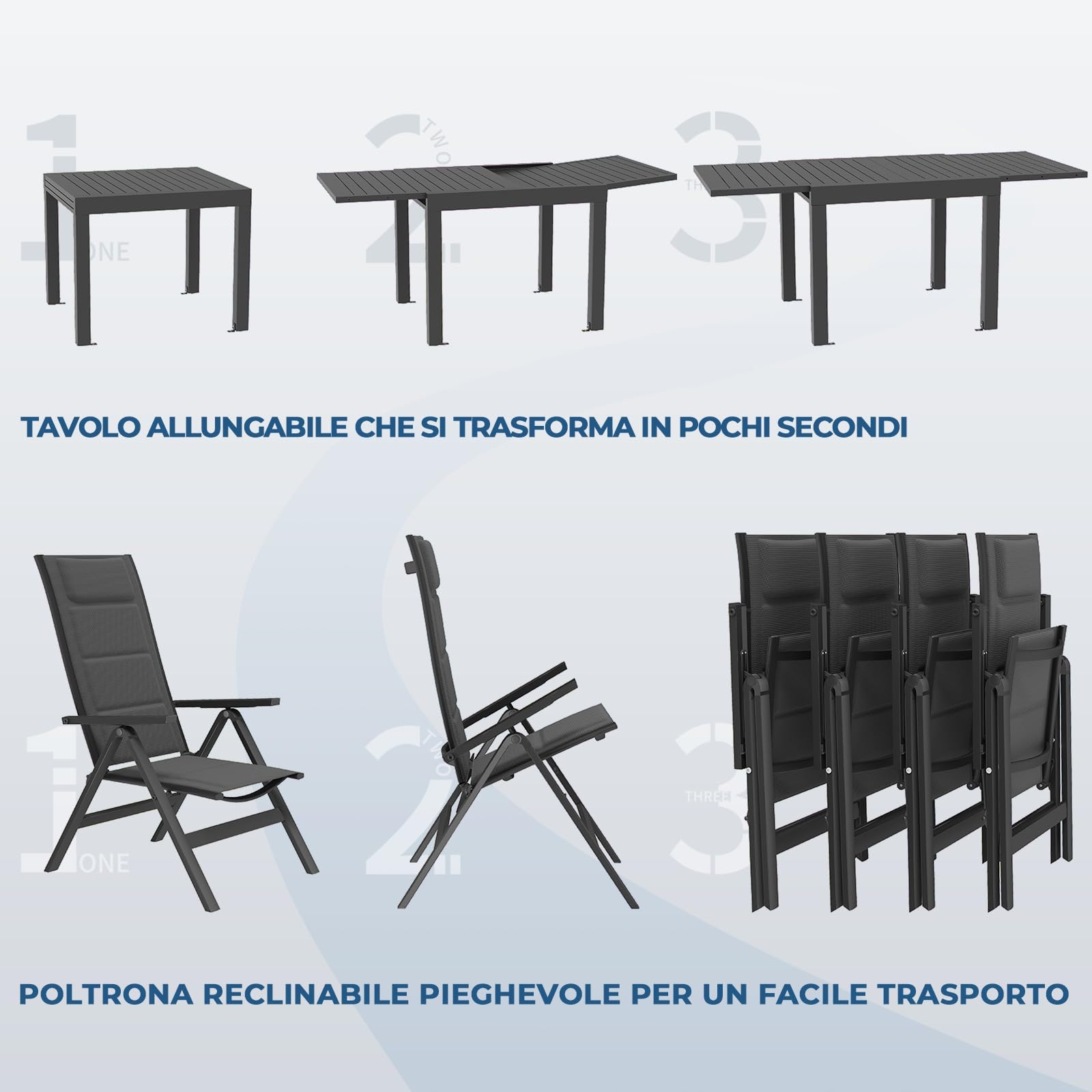 Devoko Set Tavolo e Sedie da Giardino 7 Pezzi, Composto da 1 Tavolo in Alluminio e 6 Sedie Pieghevoli, Tavolo da Giardino Allungabile (80/160 cm), Set Tavolo e Sedie da Esterno, Grigio
