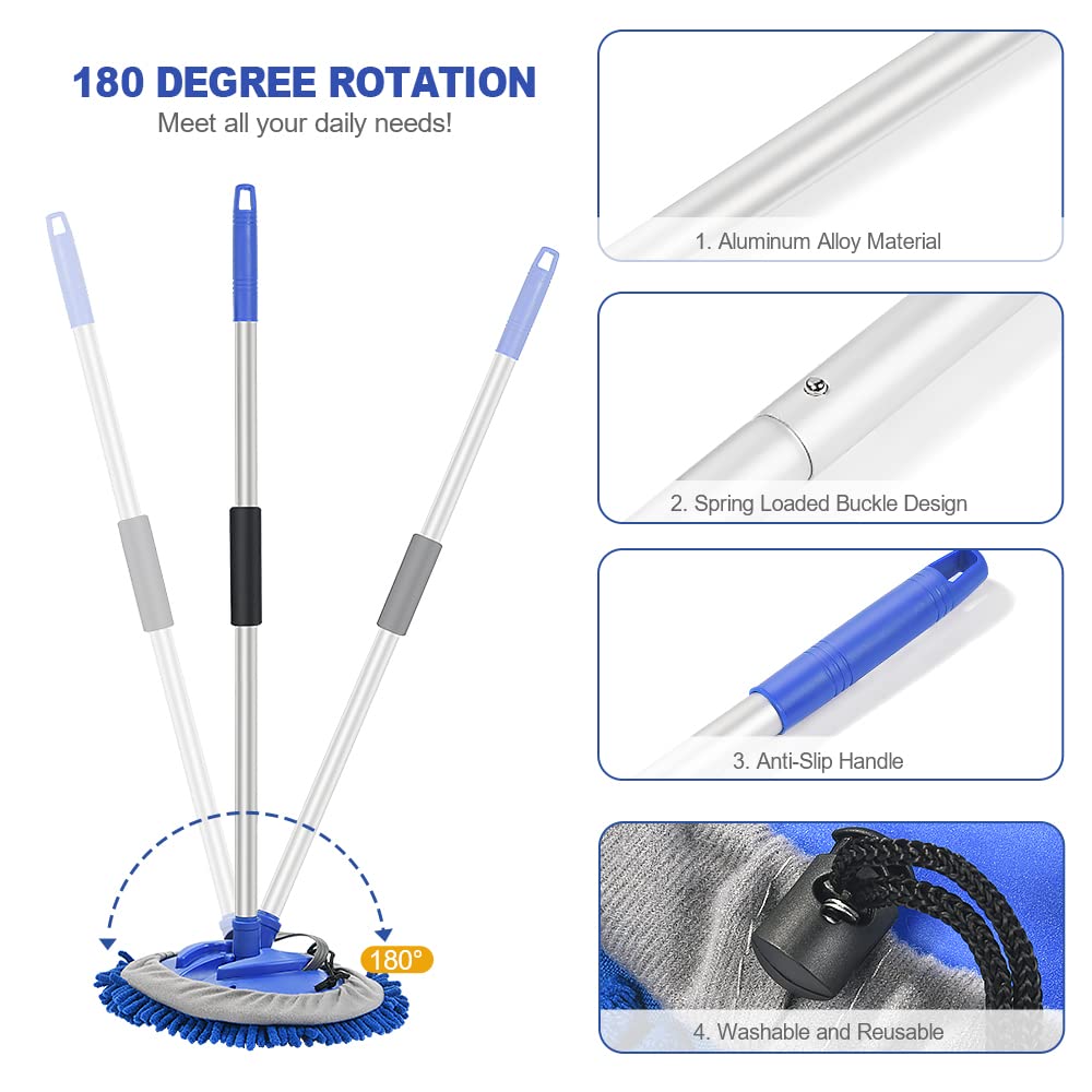URAQT 160 cm Spazzola di Pulizia per Lavaggio Auto con Manico Lungo, 3 in 1 Spazzola Lavaggio Auto in Microfibra, Versatile Spazzola Auto, Senza Graffi Pulisci Professionale Cura (2 x Teste per Mocio)