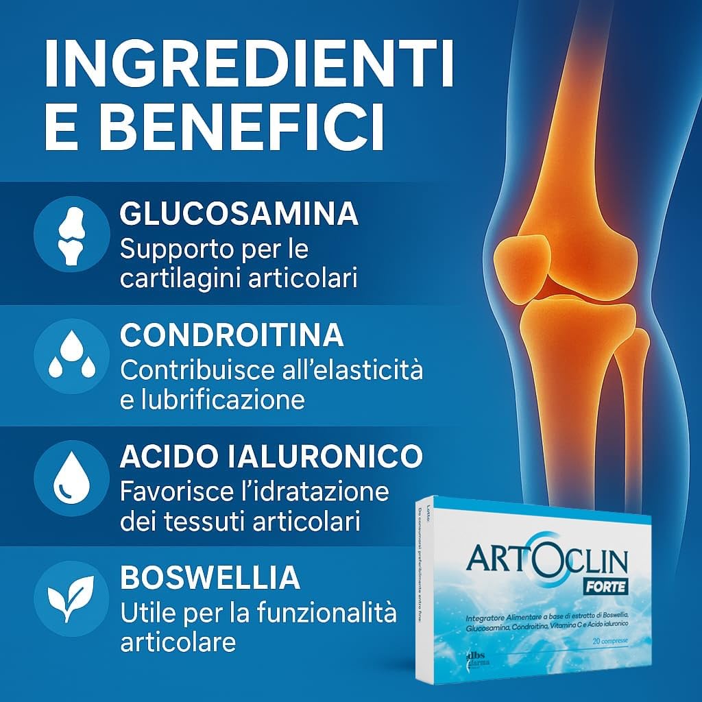 ARTOCLIN FORTE | Articolazioni e Cartilagine Integratori | Glucosamina, Condroitina, Acido Ialuronico, Boswellia e Vitamina C | Supporto Cartilagini, Mobilità e Comfort Articolare | Made in Italy