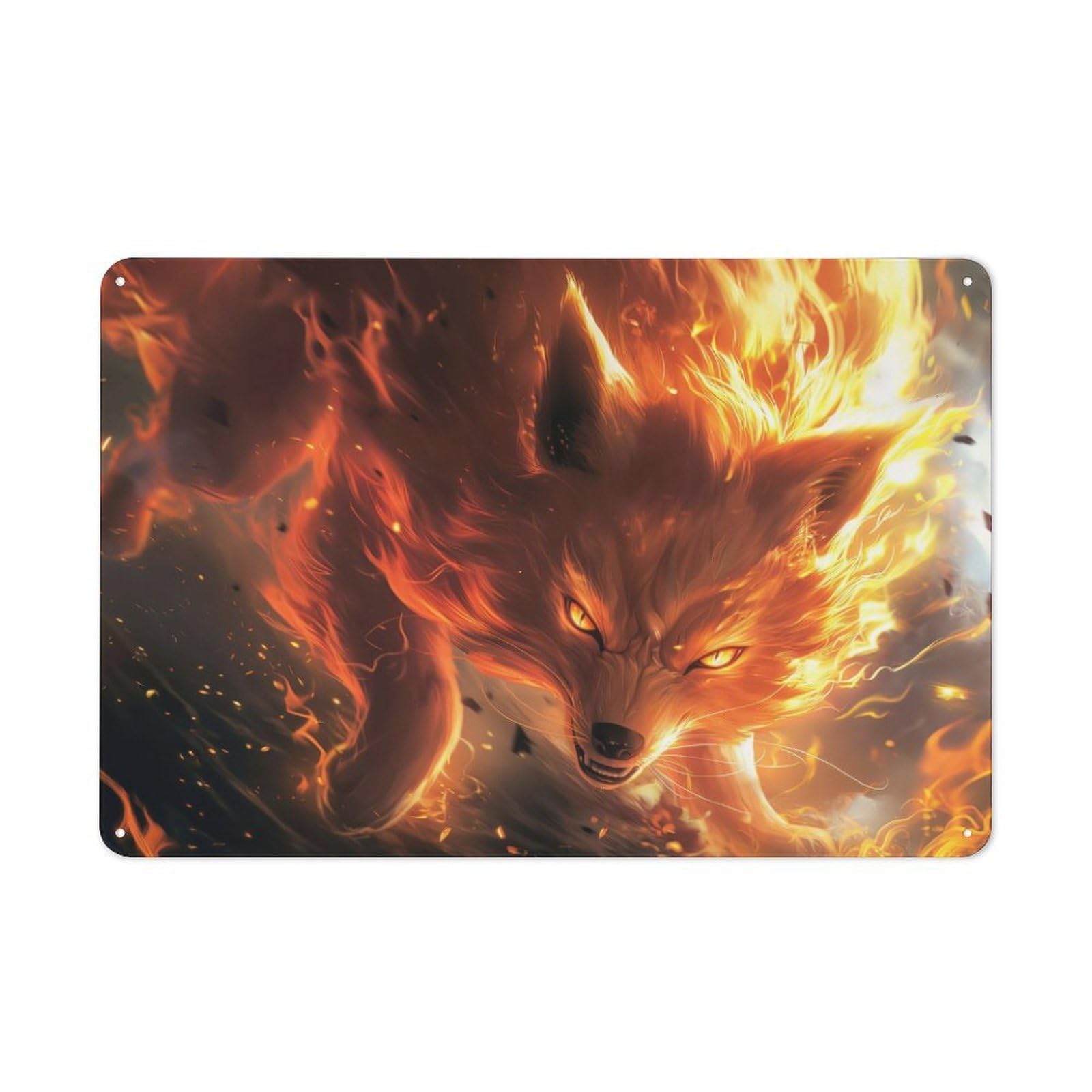 Simple Retro Fire Kitsune Fox Metal Wall Plaque 20x30cm, Creative Space Decor for Office, Study, Studio Or Hallway