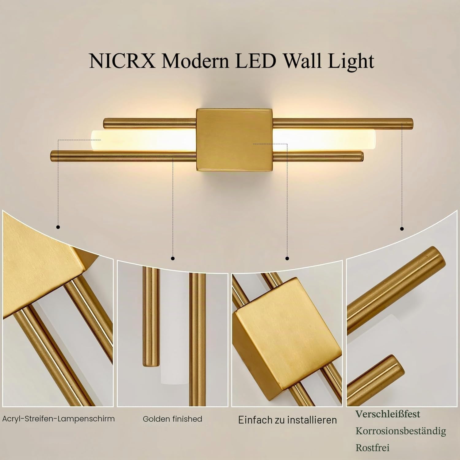 2 Stück Moderne LED Wandleuchte Gold,Vertikale Geometrische Metall Wandlampe mit Acrylschirm,Minimalistische Innenbeleuchtung für Schlafzimmer,Wohnzimmer,Flur,8W,48cm,3 Farbtemperatur (2Stk.L&R)