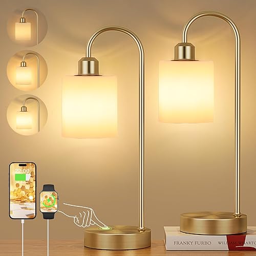 Miniatura 2 de Lámparas de escritorio de oro ópalo para oficina en casa, lámpara dorada táctil regulable de 3 vías con puertos USB C+A, lámpara de mesita de noche