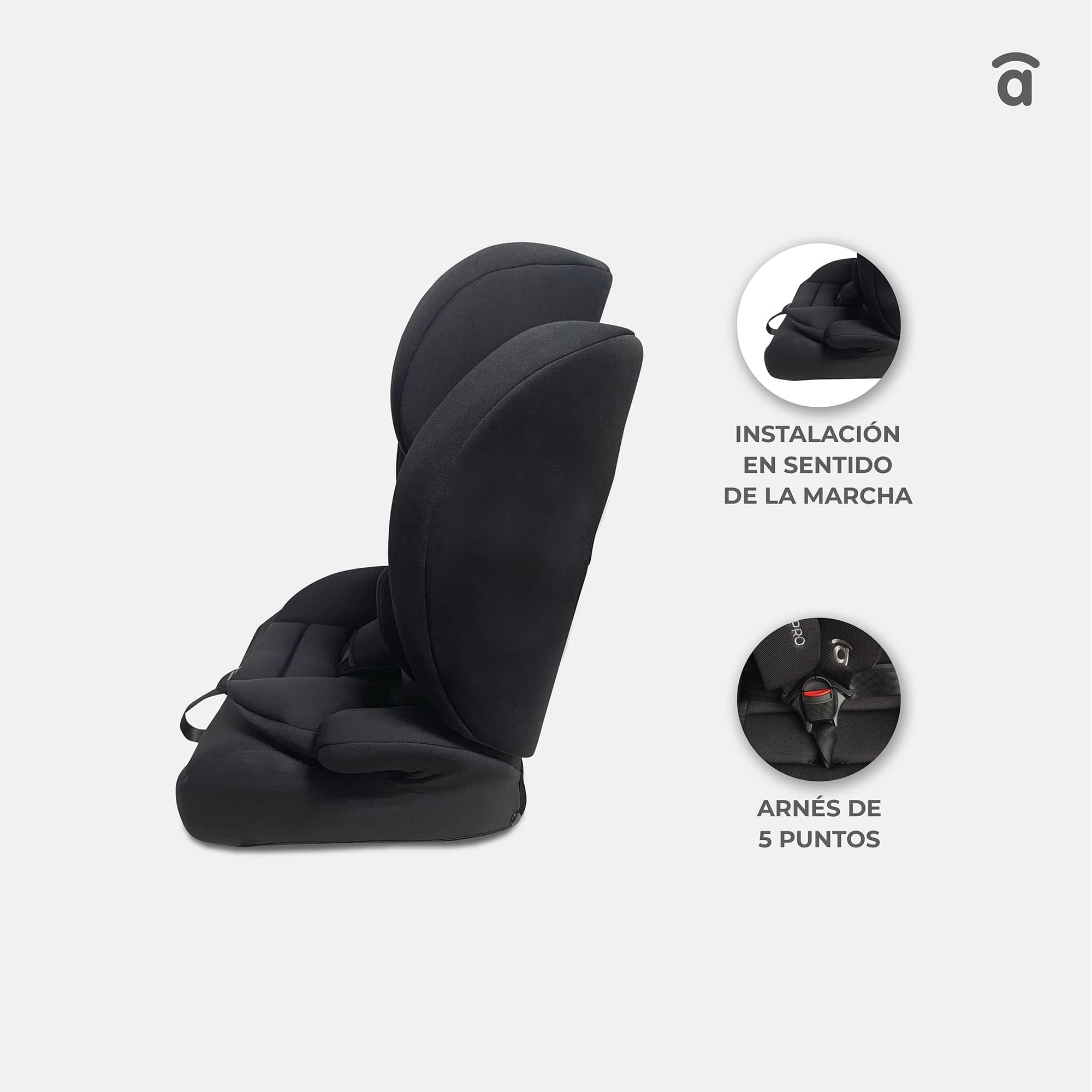 Silla de Coche i-Size 76-150 cm (15 meses–12 años) Grupo 1 2 3, Ligera 5 kg, Instalación con Cinturón, Arnés 5 Puntos, Protección Lateral – Asalvo Nómada Pro Negro