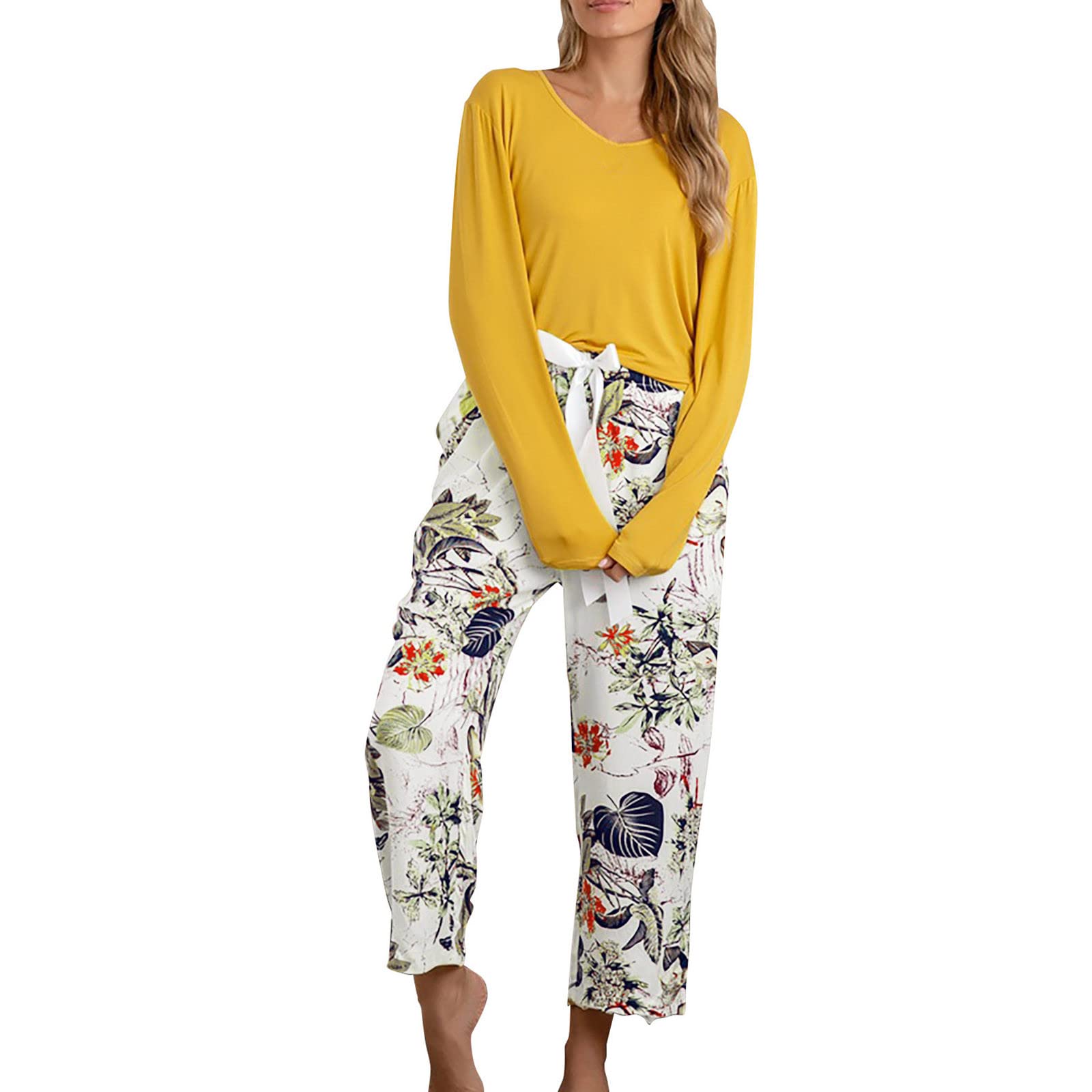 Generisch Pijama para mujer, largo, suave, cuello redondo, otoño e invierno, pijama de tallas grandes, monocolor, traje holgado, ligero, ropa de salón, ropa de casa, traje de ocio ancho con arco