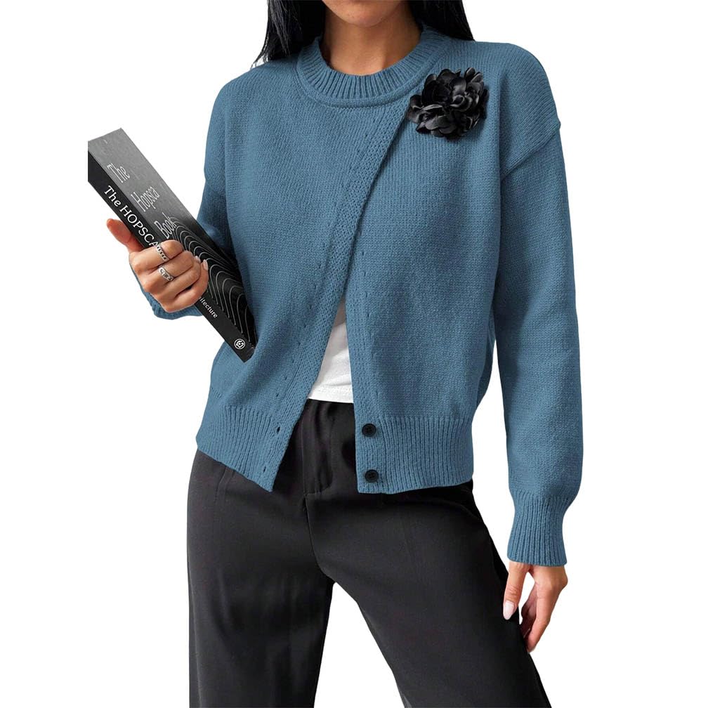 Women Round Neck 3D Floral Decor Knitted Sweater Trendy Long Sleeve Button Down Split Front Pullover Sweater Fall