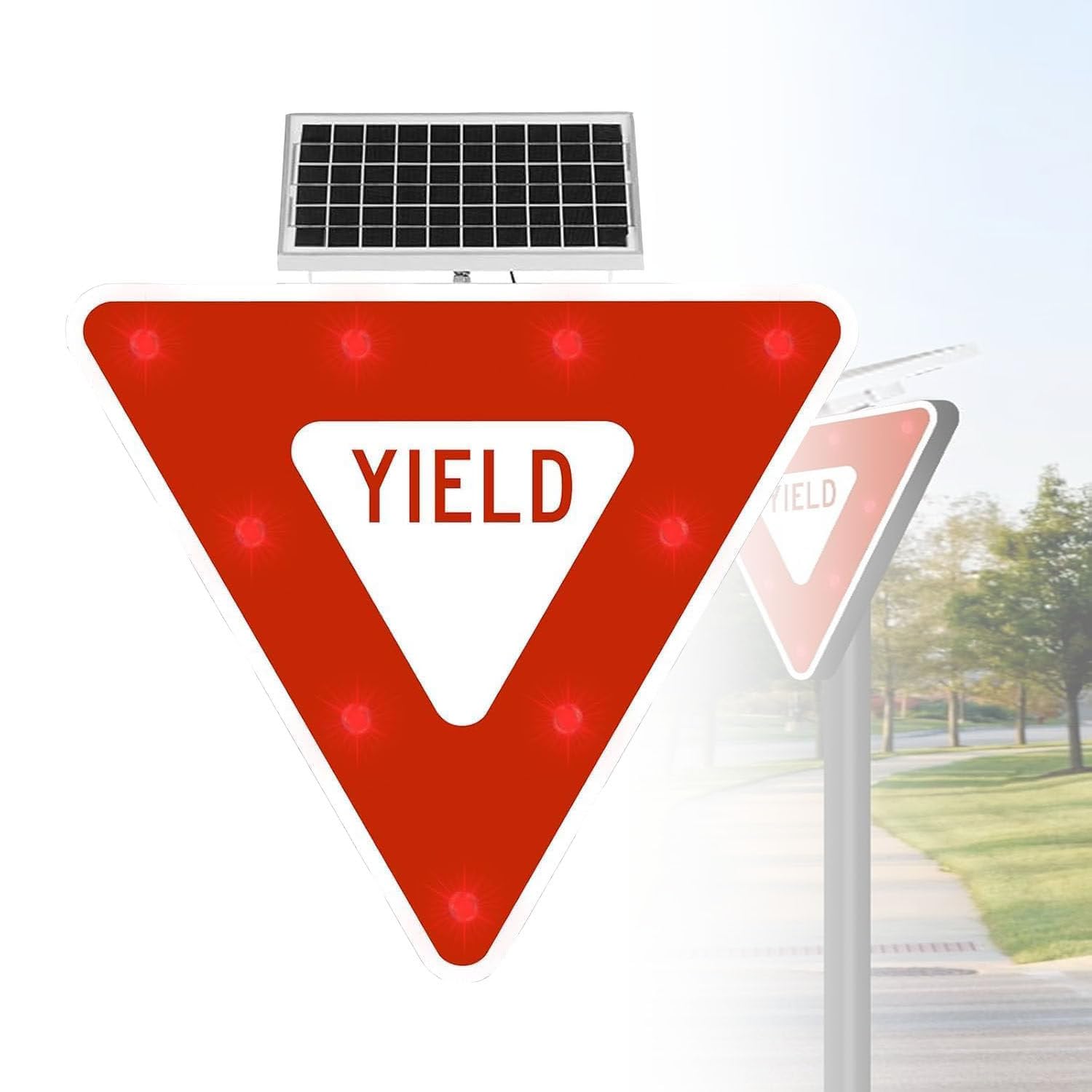 ROEFETY High Visibility LED Flashing Yield Sign,Solar Yield Sign with LED Flashing Lights,IP65 Waterproof with Mounting Accessories Engineer Grade Reflective,Solar Powered Yield Sign 1piece