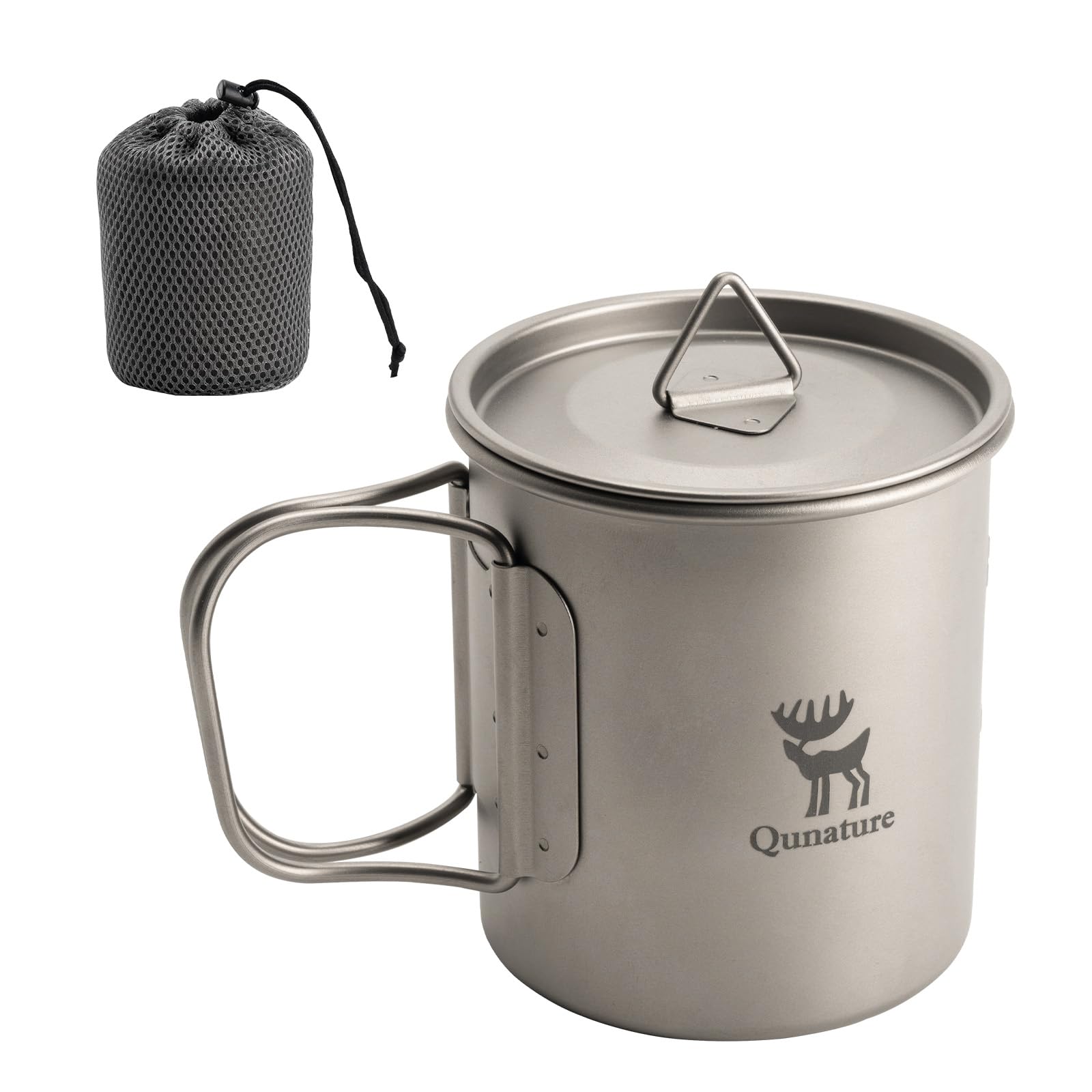 Tazza da Campeggio in Titanio 375ml, Tazza per Viaggio con Manico Pieghevole Antiscottatura e Coperchio Appendibile con Sacca di Stoccaggio, Leggero e Portatile, Escursionismo Trekking Picnic