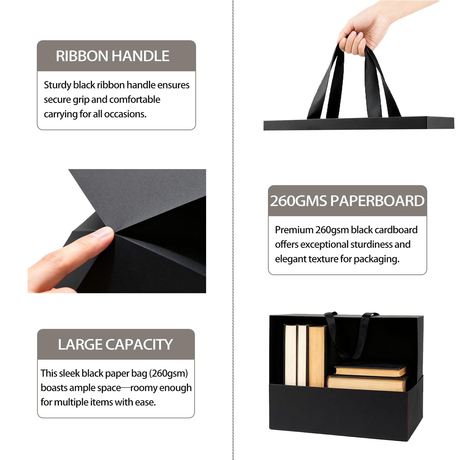 Offizon 12 schwarze Geschenktüten, 21,6 x 19,9 x 18,9 cm, mittlere Größe mit Seidenpapier