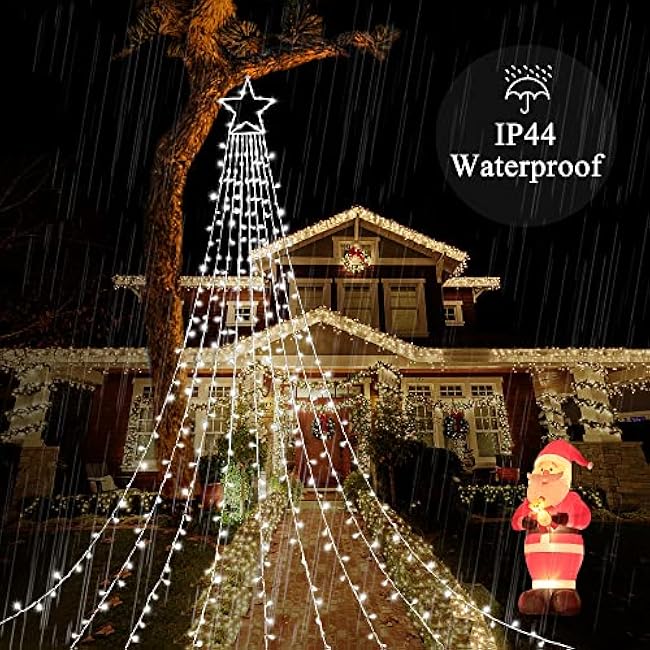 Christmas Decoration Lights, Outdoor Christmas String Lights 320 LED 11.5 Ft Waterfall Tree Lights with Big Star Topper 8 Light Modes for Christmas New Year Holiday Garden Yard Indoor Outdoor Decor