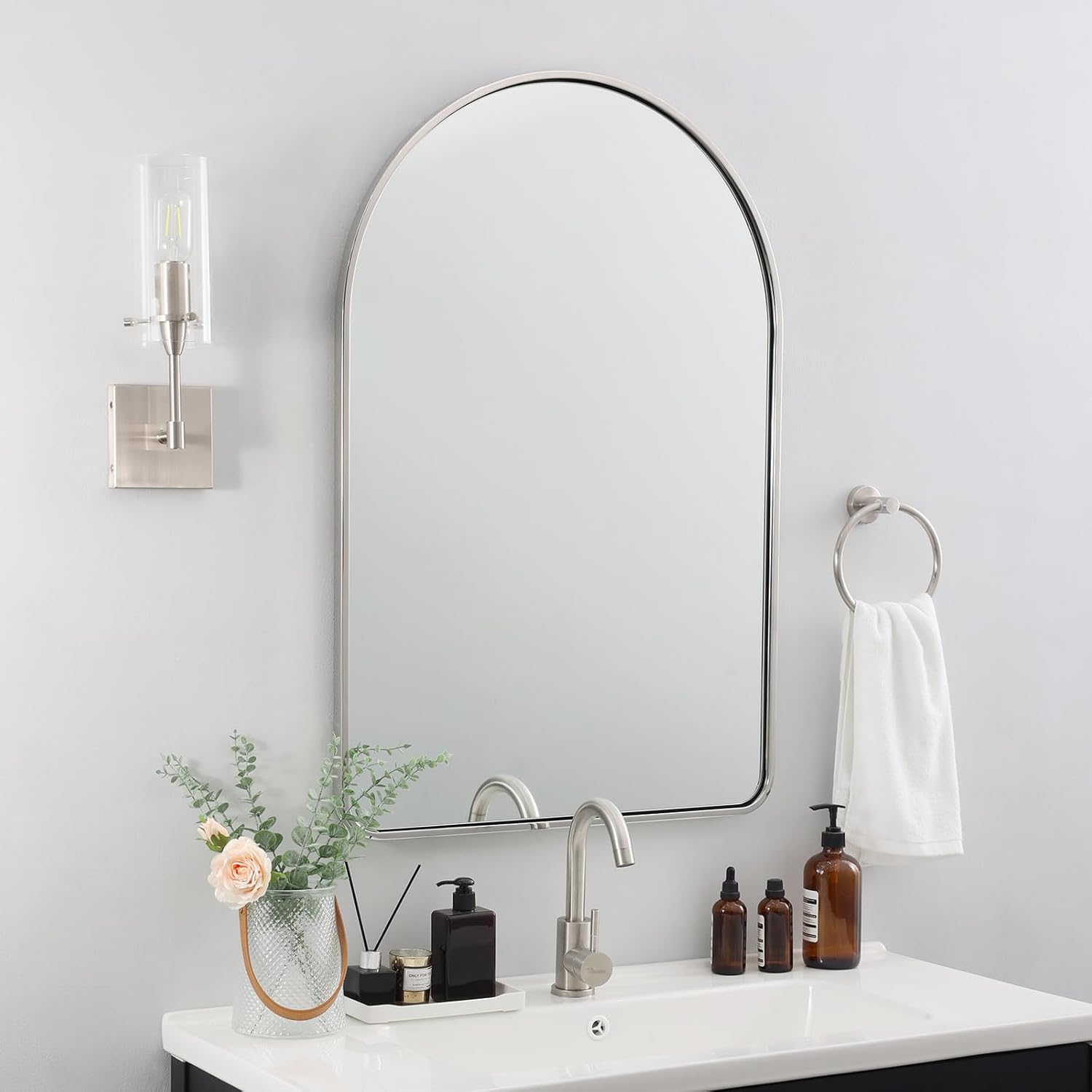 Andy Star Brushed Nickel Arched Mirror, 20x30 Arch Mirror, Brushed Nickel Bathroom Mirror, for Vanity,SUS304-Anti-Rust, Tube Frame, Wall-Mounted Vertical 1’’ Deep Brushed Nickel 30"L x 20"W